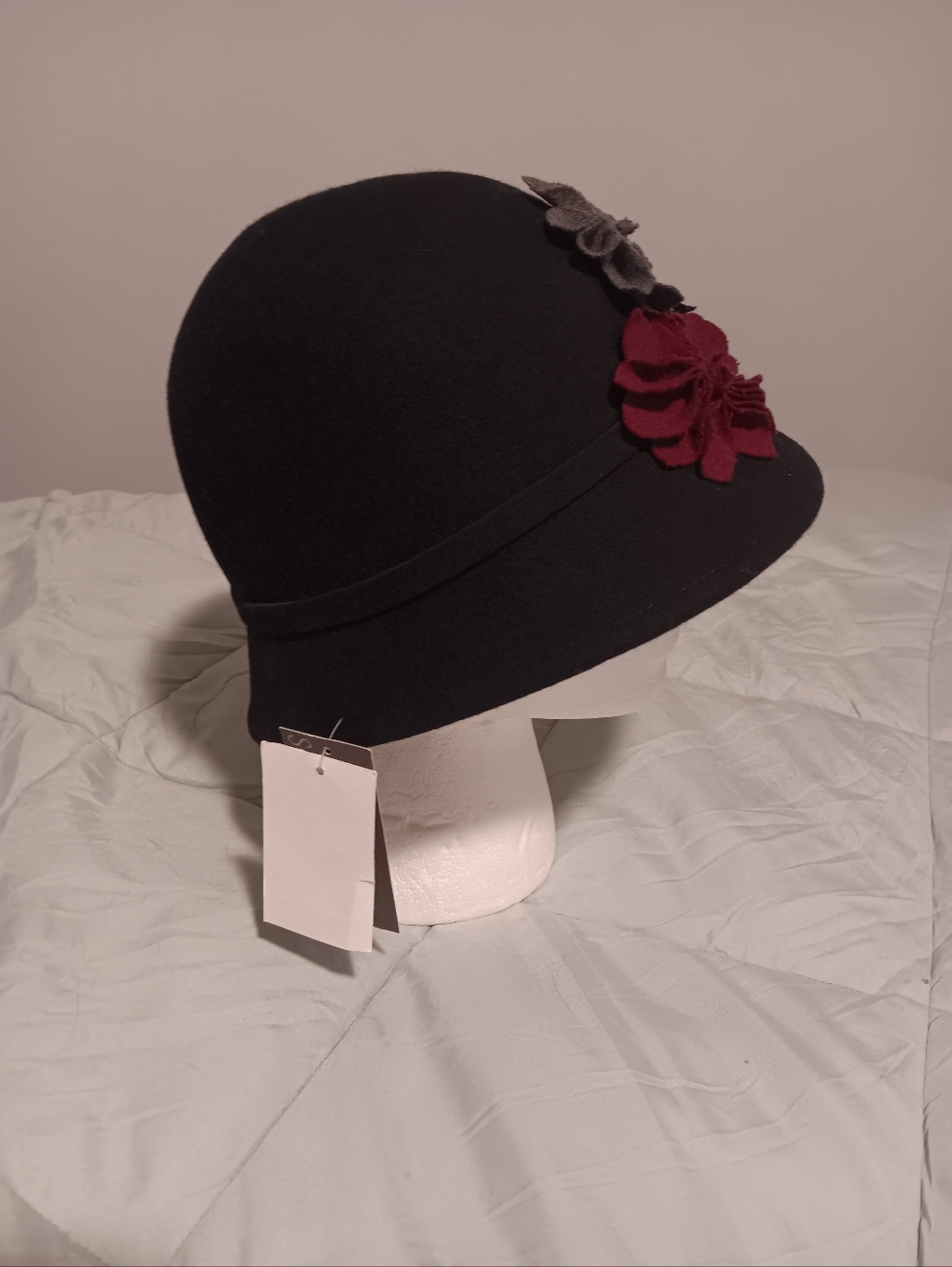 Scala Pronto Black Floral Cloche Bucket Hat with Black, Red and Grey Flowers. - Picture 3 of 6